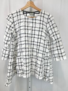 NICHE Nilgun Derman Pucker Textured A Line Top 3/4 Sleeve Check White Gray XS